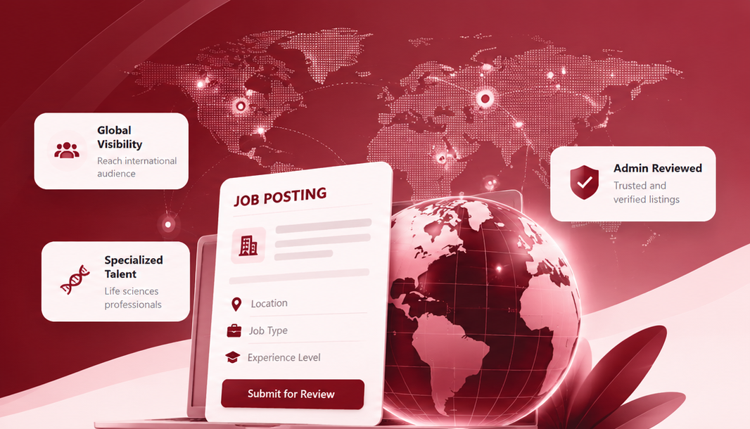 Global life sciences job posting illustration with worldwide connections and admin review
